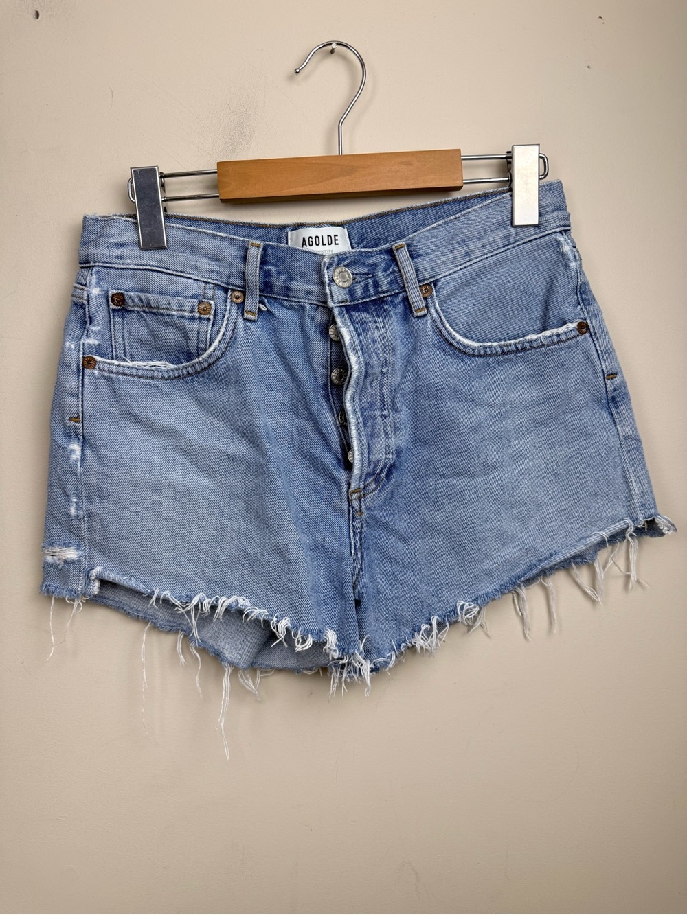 Agolde Parker distressed blue Jean shorts 25 - Picture 7 of 14